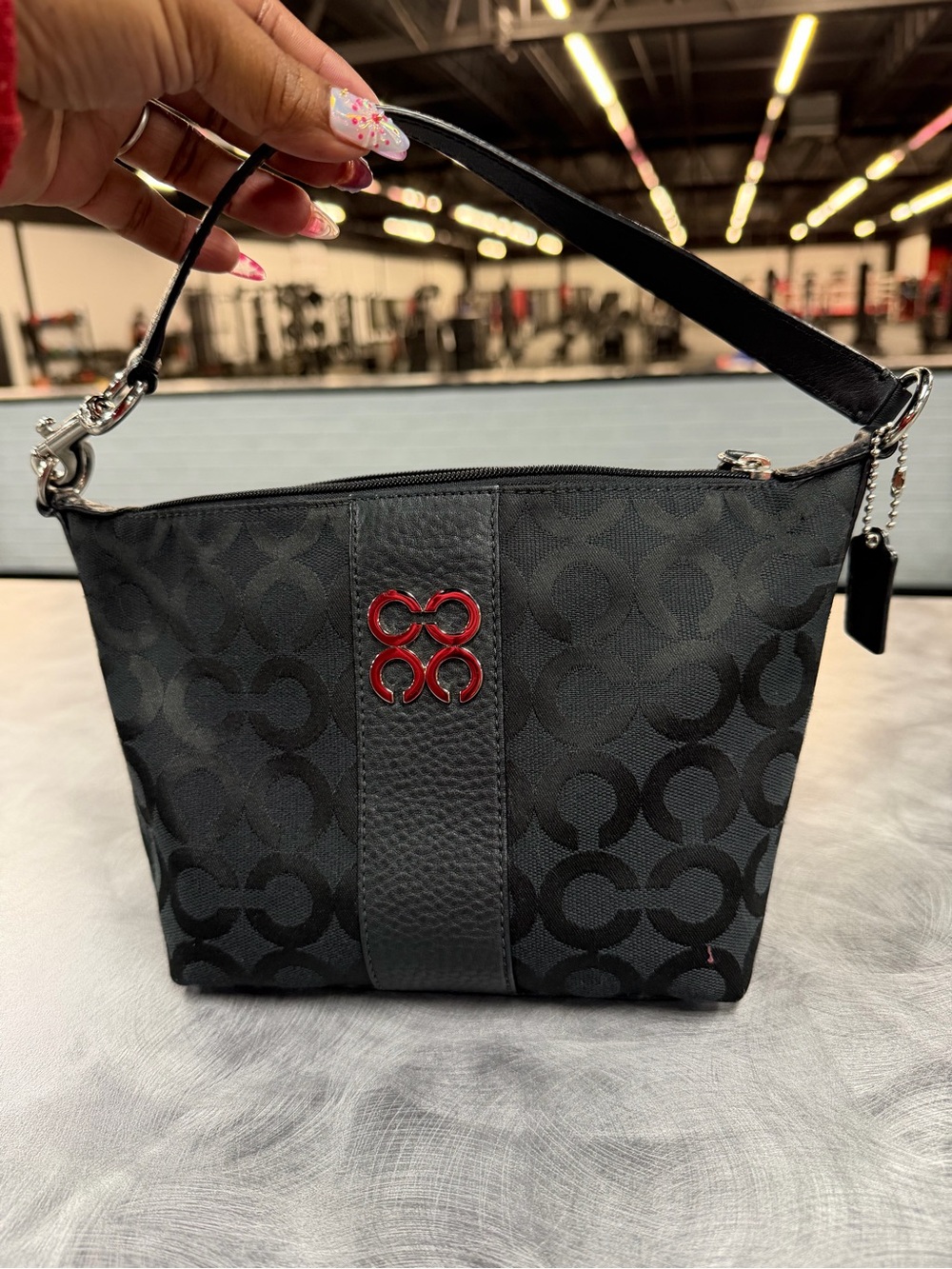 Coach Black Signature Canvas Wristlet with Red Logo